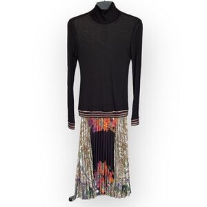 Roberto Cavalli Midi Long-sleeve Dress, Pleated, Floral Print, Black and Gold.